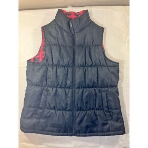Adults Puffer Vest Sz. L Black Plaid Lined Zip Up Sleeveless Jacket Outerwear
